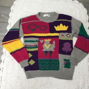 Vintage 80/90s Jack Winter Knit Queen Of Hearts Sweater size S Colorblock